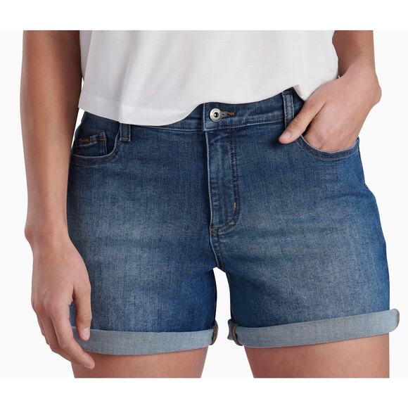 Kuhl Kontour Flex Women's denim blue jean shorts 6" zip button pockets size 0 - Picture 1 of 11
